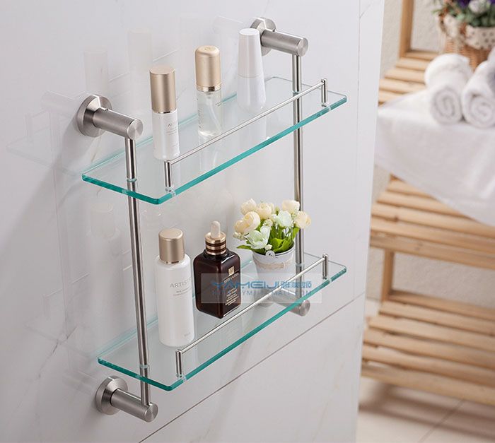 Stainless Steel Brushed Nickel Bathroom Glass Shelf Cosmetic Rack Towel